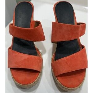 Franco Sarto Suede Cork Wedge Sandals Slip On Slides Orange Women’s Size 8.5